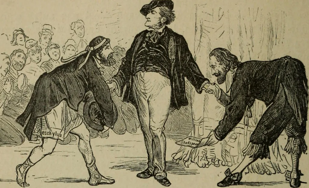 An illustration from Richard Wagner en caricatures : 130 reproductions de caricatures françaises, allemandes, anglaises, italiennes, portraits : autographes (lettre et musique) dessins originaux de J. Blass, Moloch et Tiret-Bognet, 1892, leaf 163