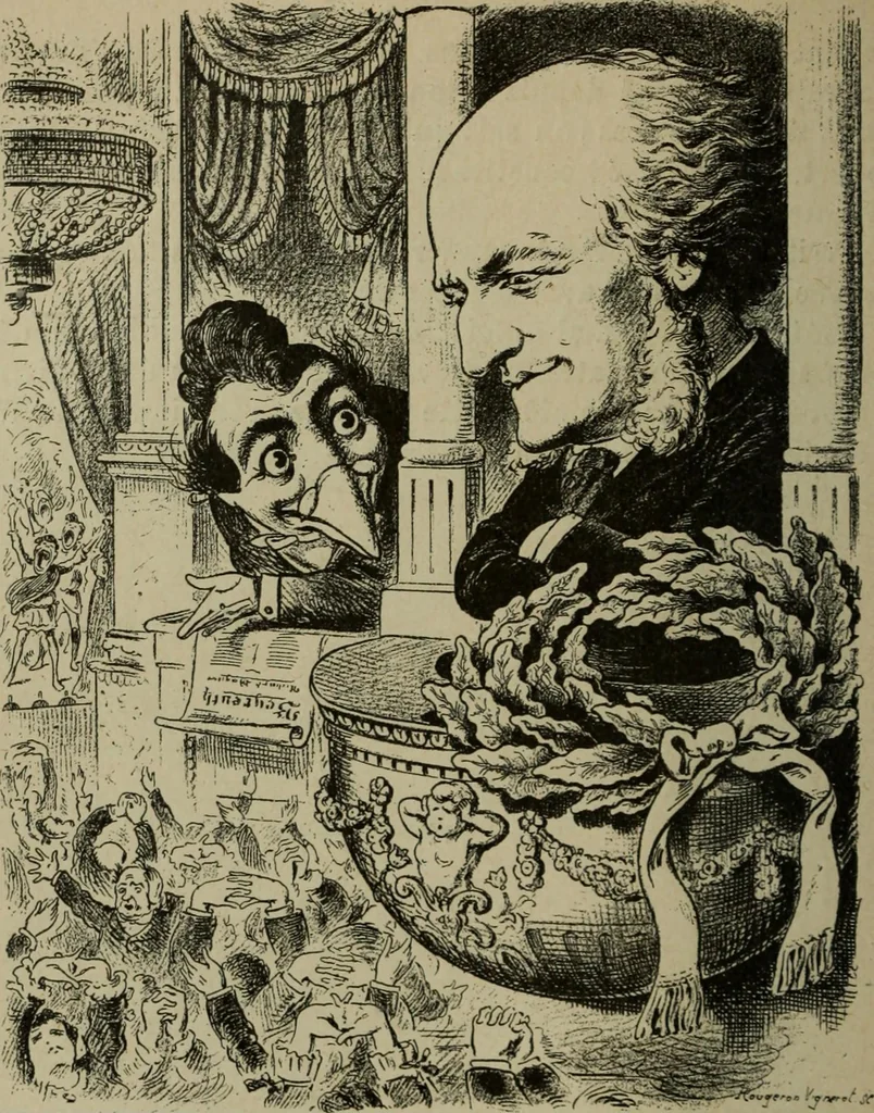 An illustration from Richard Wagner en caricatures : 130 reproductions de caricatures françaises, allemandes, anglaises, italiennes, portraits : autographes (lettre et musique) dessins originaux de J. Blass, Moloch et Tiret-Bognet, 1892, leaf 165