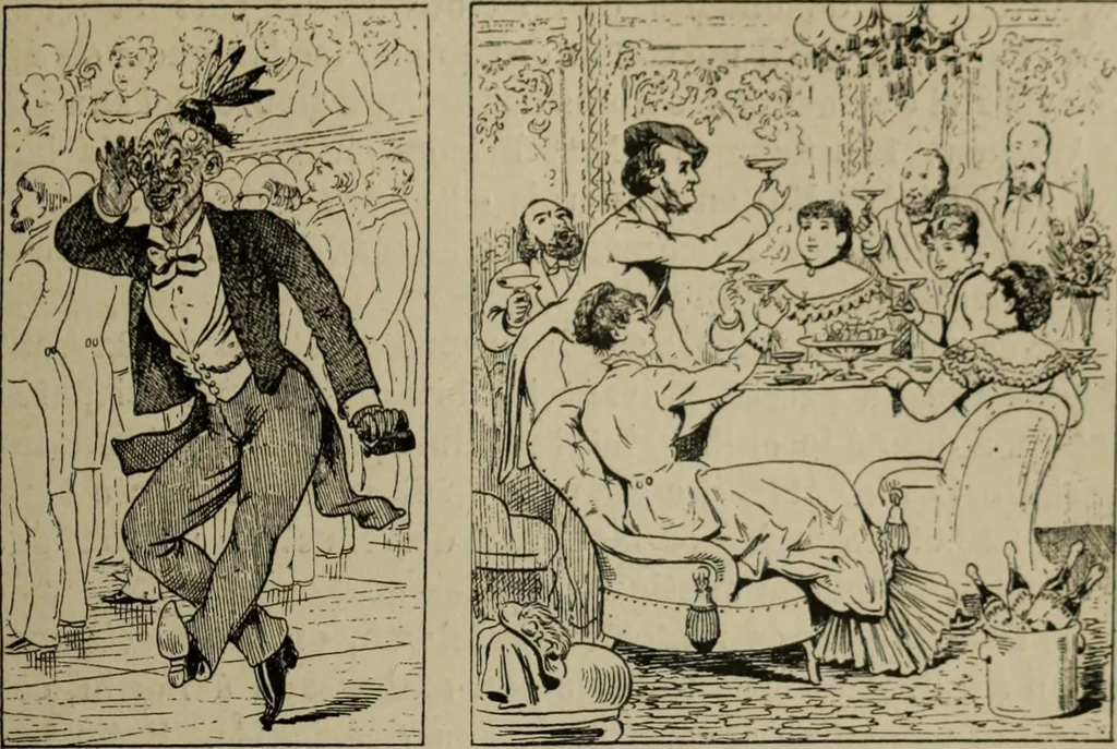 An illustration from Richard Wagner en caricatures : 130 reproductions de caricatures françaises, allemandes, anglaises, italiennes, portraits : autographes (lettre et musique) dessins originaux de J. Blass, Moloch et Tiret-Bognet, 1892, leaf 166