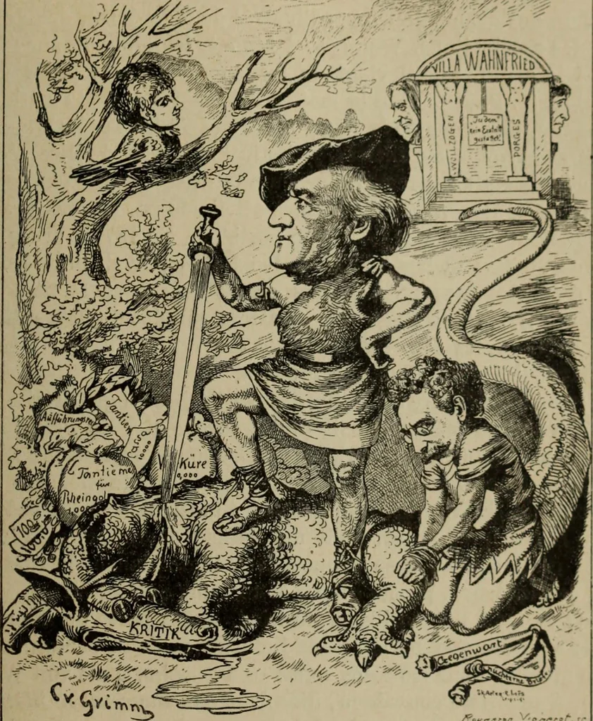An illustration from Richard Wagner en caricatures : 130 reproductions de caricatures françaises, allemandes, anglaises, italiennes, portraits : autographes (lettre et musique) dessins originaux de J. Blass, Moloch et Tiret-Bognet, 1892, leaf 168