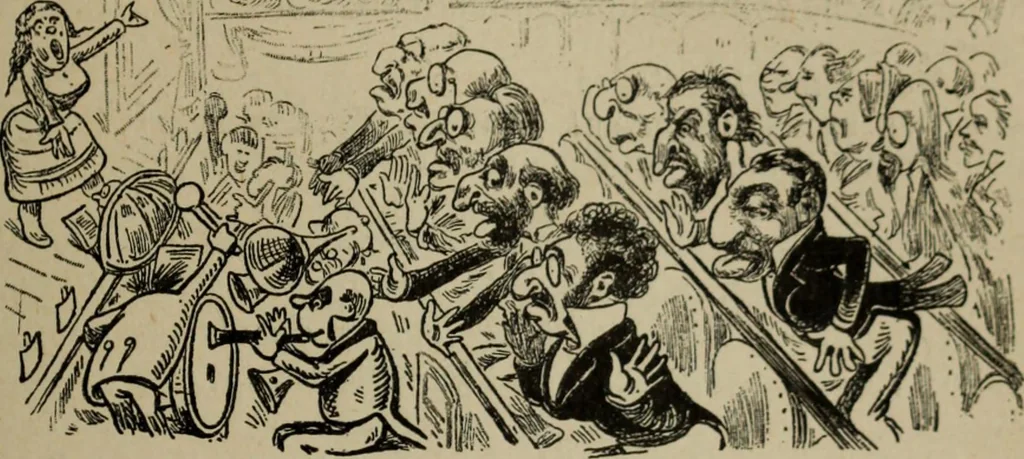 An illustration from Richard Wagner en caricatures : 130 reproductions de caricatures françaises, allemandes, anglaises, italiennes, portraits : autographes (lettre et musique) dessins originaux de J. Blass, Moloch et Tiret-Bognet, 1892, leaf 172
