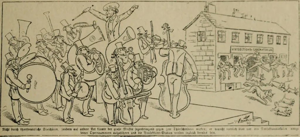 An illustration from Richard Wagner en caricatures : 130 reproductions de caricatures françaises, allemandes, anglaises, italiennes, portraits : autographes (lettre et musique) dessins originaux de J. Blass, Moloch et Tiret-Bognet, 1892, leaf 174