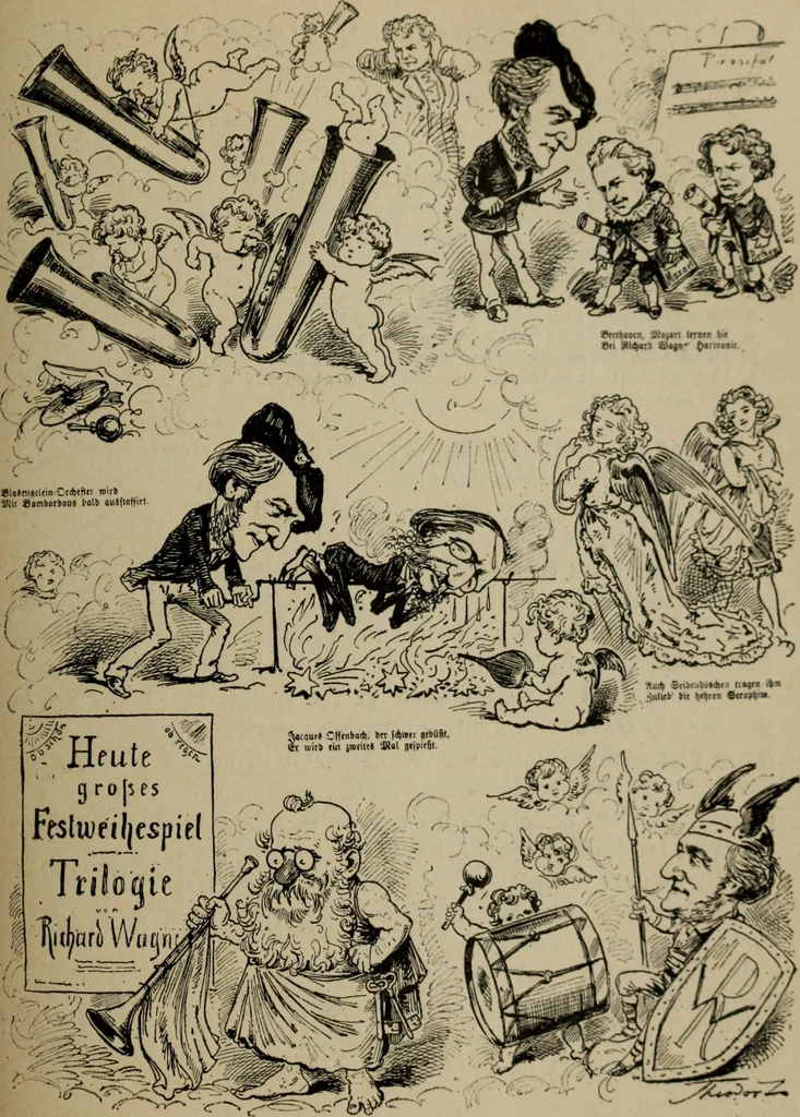 An illustration from Richard Wagner en caricatures : 130 reproductions de caricatures françaises, allemandes, anglaises, italiennes, portraits : autographes (lettre et musique) dessins originaux de J. Blass, Moloch et Tiret-Bognet, 1892, leaf 176