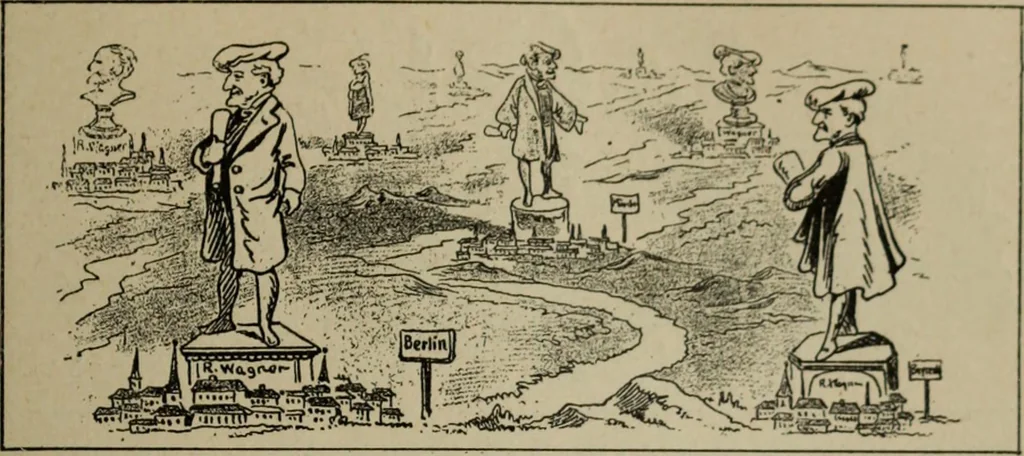 An illustration from Richard Wagner en caricatures : 130 reproductions de caricatures françaises, allemandes, anglaises, italiennes, portraits : autographes (lettre et musique) dessins originaux de J. Blass, Moloch et Tiret-Bognet, 1892, leaf 178