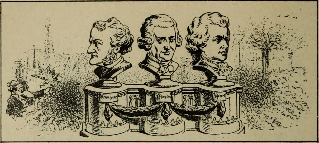 An illustration from Richard Wagner en caricatures : 130 reproductions de caricatures françaises, allemandes, anglaises, italiennes, portraits : autographes (lettre et musique) dessins originaux de J. Blass, Moloch et Tiret-Bognet, 1892, leaf 179