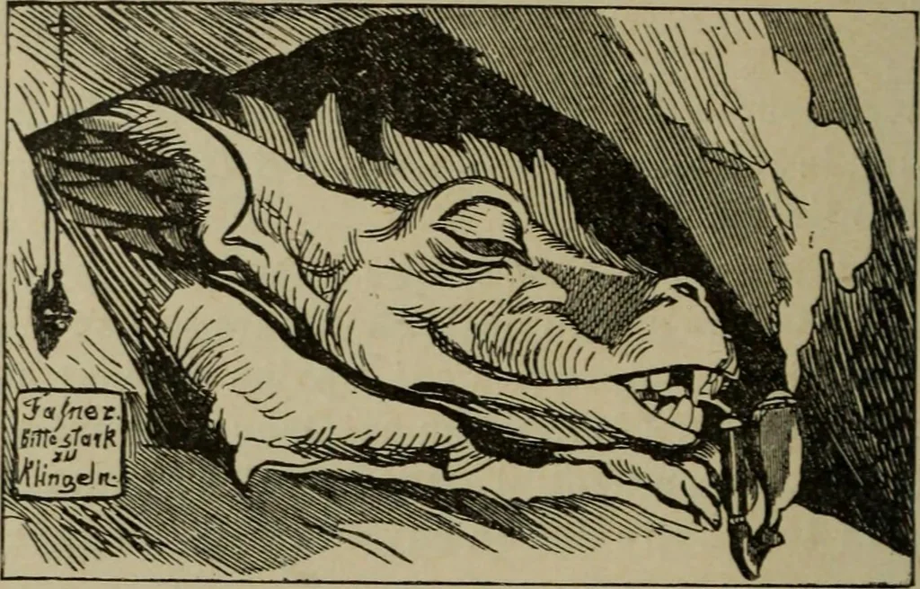 An illustration from Richard Wagner en caricatures : 130 reproductions de caricatures françaises, allemandes, anglaises, italiennes, portraits : autographes (lettre et musique) dessins originaux de J. Blass, Moloch et Tiret-Bognet, 1892, leaf 197