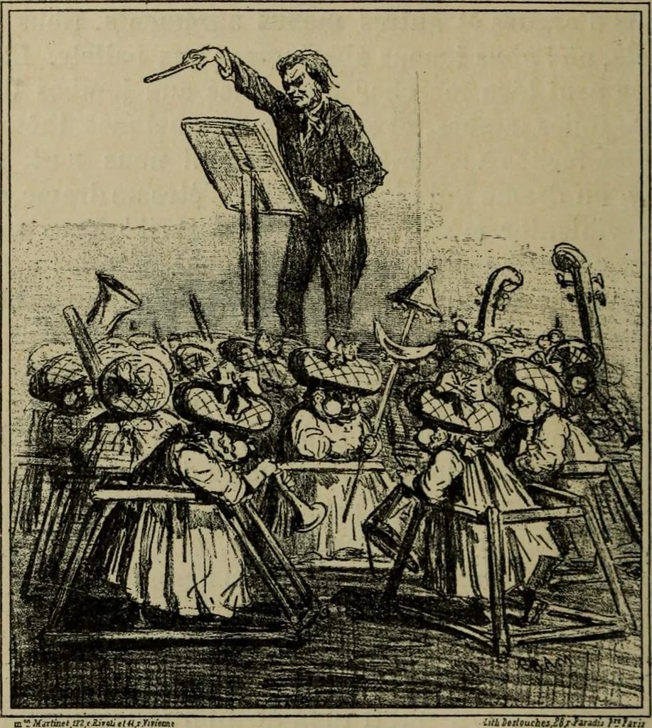 An illustration from Richard Wagner en caricatures : 130 reproductions de caricatures françaises, allemandes, anglaises, italiennes, portraits : autographes (lettre et musique) dessins originaux de J. Blass, Moloch et Tiret-Bognet, 1892, leaf 205