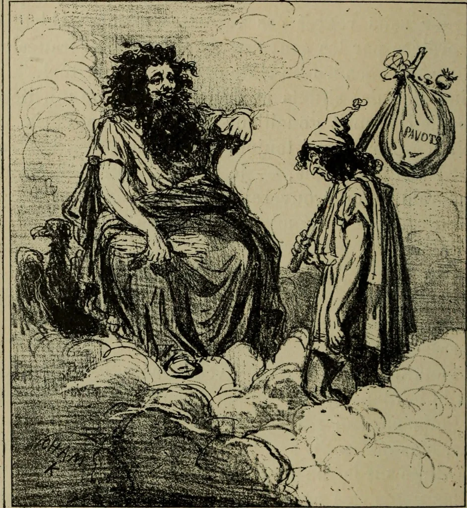 An illustration from Richard Wagner en caricatures : 130 reproductions de caricatures françaises, allemandes, anglaises, italiennes, portraits : autographes (lettre et musique) dessins originaux de J. Blass, Moloch et Tiret-Bognet, 1892, leaf 207