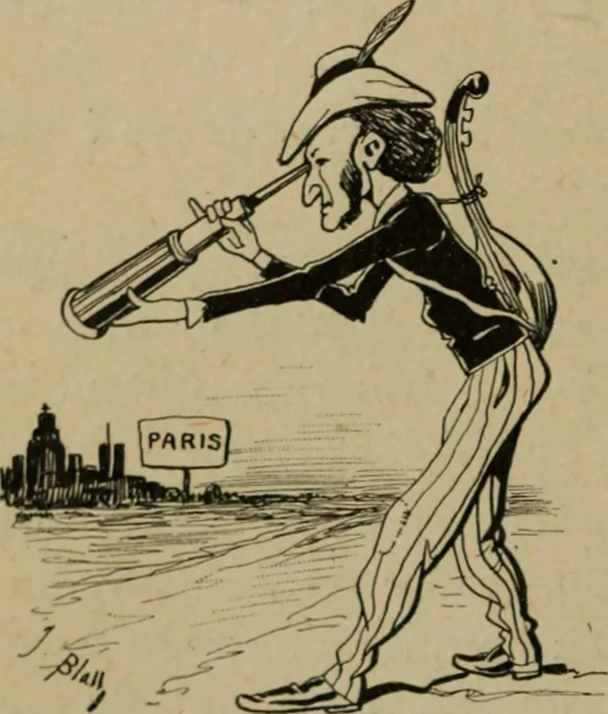 An illustration from Richard Wagner en caricatures : 130 reproductions de caricatures françaises, allemandes, anglaises, italiennes, portraits : autographes (lettre et musique) dessins originaux de J. Blass, Moloch et Tiret-Bognet, 1892, leaf 21