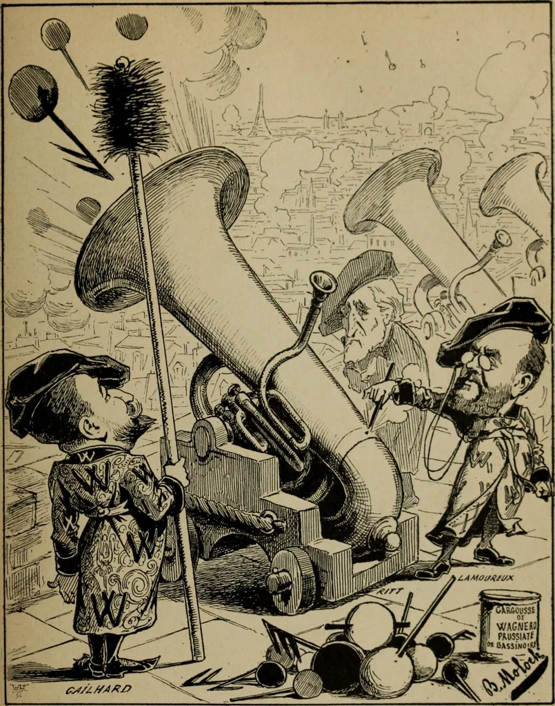 An illustration from Richard Wagner en caricatures : 130 reproductions de caricatures françaises, allemandes, anglaises, italiennes, portraits : autographes (lettre et musique) dessins originaux de J. Blass, Moloch et Tiret-Bognet, 1892, leaf 214