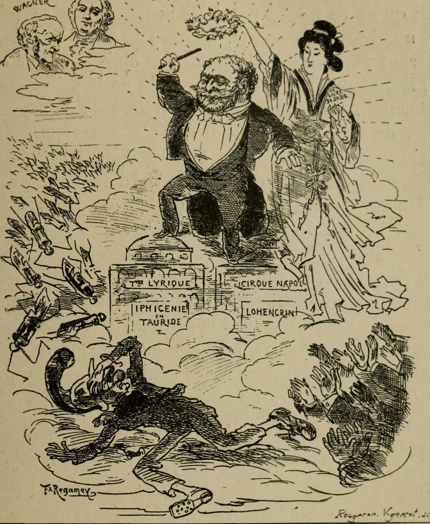 An illustration from Richard Wagner en caricatures : 130 reproductions de caricatures françaises, allemandes, anglaises, italiennes, portraits : autographes (lettre et musique) dessins originaux de J. Blass, Moloch et Tiret-Bognet, 1892, leaf 216