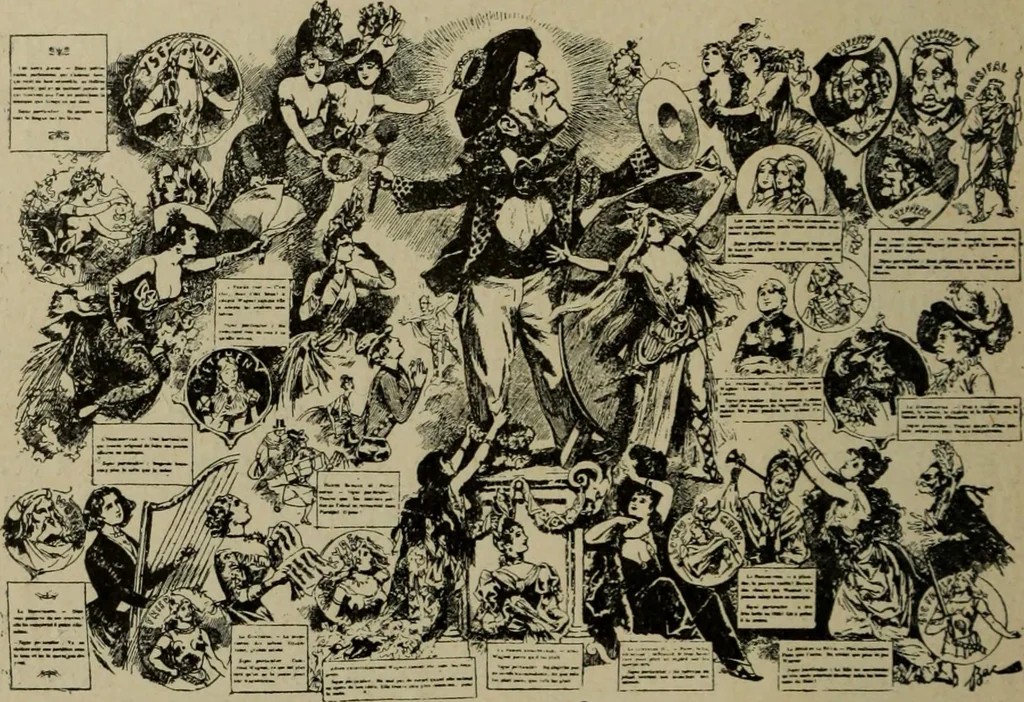 An illustration from Richard Wagner en caricatures : 130 reproductions de caricatures françaises, allemandes, anglaises, italiennes, portraits : autographes (lettre et musique) dessins originaux de J. Blass, Moloch et Tiret-Bognet, 1892, leaf 219