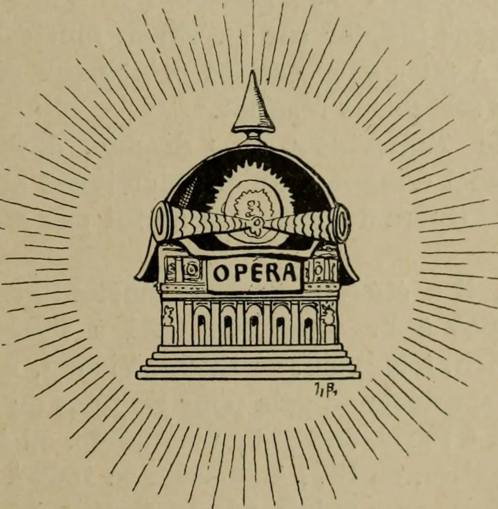 An illustration from Richard Wagner en caricatures : 130 reproductions de caricatures françaises, allemandes, anglaises, italiennes, portraits : autographes (lettre et musique) dessins originaux de J. Blass, Moloch et Tiret-Bognet, 1892, leaf 224
