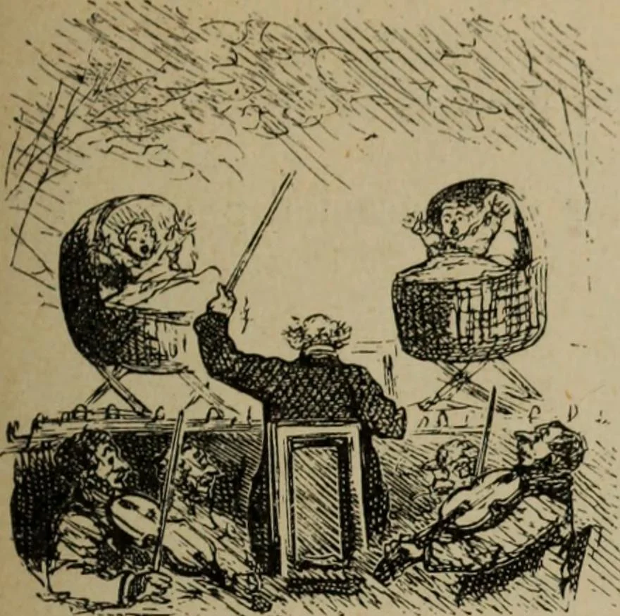 An illustration from Richard Wagner en caricatures : 130 reproductions de caricatures françaises, allemandes, anglaises, italiennes, portraits : autographes (lettre et musique) dessins originaux de J. Blass, Moloch et Tiret-Bognet, 1892, leaf 230