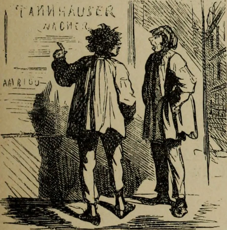 An illustration from Richard Wagner en caricatures : 130 reproductions de caricatures françaises, allemandes, anglaises, italiennes, portraits : autographes (lettre et musique) dessins originaux de J. Blass, Moloch et Tiret-Bognet, 1892, leaf 230