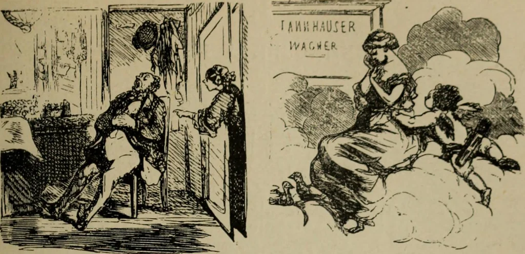 An illustration from Richard Wagner en caricatures : 130 reproductions de caricatures françaises, allemandes, anglaises, italiennes, portraits : autographes (lettre et musique) dessins originaux de J. Blass, Moloch et Tiret-Bognet, 1892, leaf 232