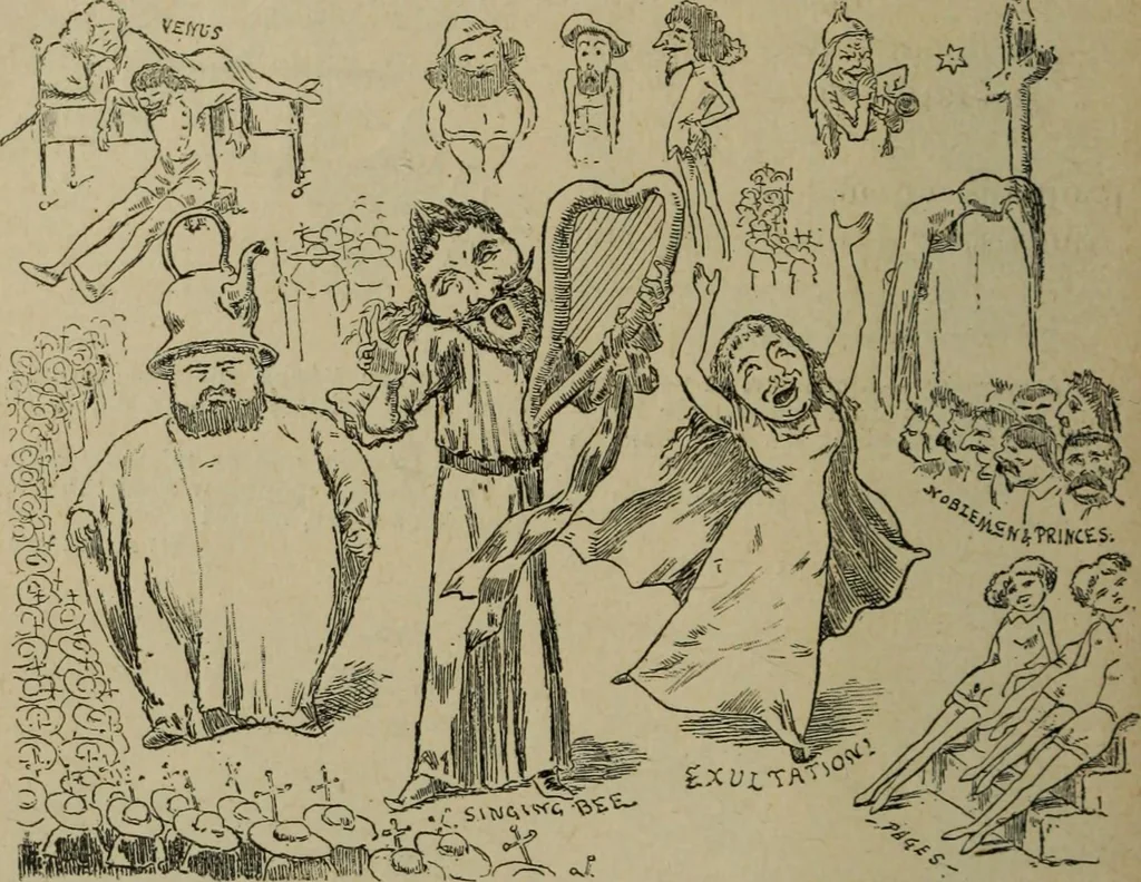 An illustration from Richard Wagner en caricatures : 130 reproductions de caricatures françaises, allemandes, anglaises, italiennes, portraits : autographes (lettre et musique) dessins originaux de J. Blass, Moloch et Tiret-Bognet, 1892, leaf 233