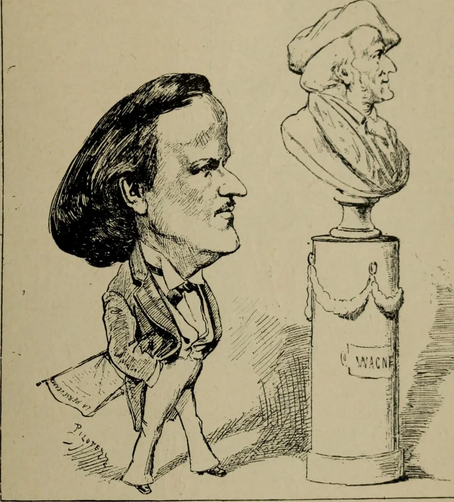 An illustration from Richard Wagner en caricatures : 130 reproductions de caricatures françaises, allemandes, anglaises, italiennes, portraits : autographes (lettre et musique) dessins originaux de J. Blass, Moloch et Tiret-Bognet, 1892, leaf 240