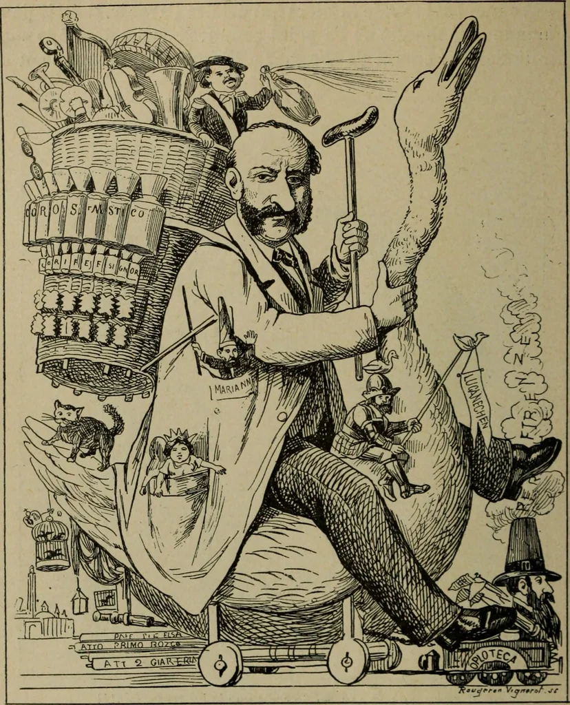 An illustration from Richard Wagner en caricatures : 130 reproductions de caricatures françaises, allemandes, anglaises, italiennes, portraits : autographes (lettre et musique) dessins originaux de J. Blass, Moloch et Tiret-Bognet, 1892, leaf 241