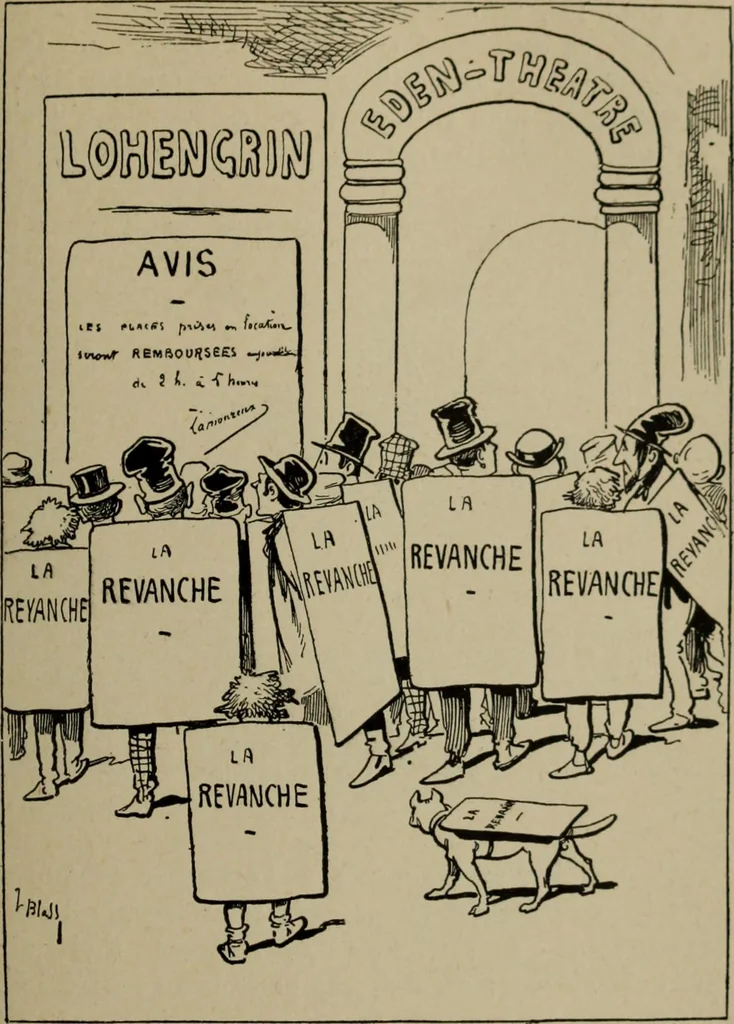 An illustration from Richard Wagner en caricatures : 130 reproductions de caricatures françaises, allemandes, anglaises, italiennes, portraits : autographes (lettre et musique) dessins originaux de J. Blass, Moloch et Tiret-Bognet, 1892, leaf 248
