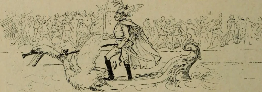An illustration from Richard Wagner en caricatures : 130 reproductions de caricatures françaises, allemandes, anglaises, italiennes, portraits : autographes (lettre et musique) dessins originaux de J. Blass, Moloch et Tiret-Bognet, 1892, leaf 249