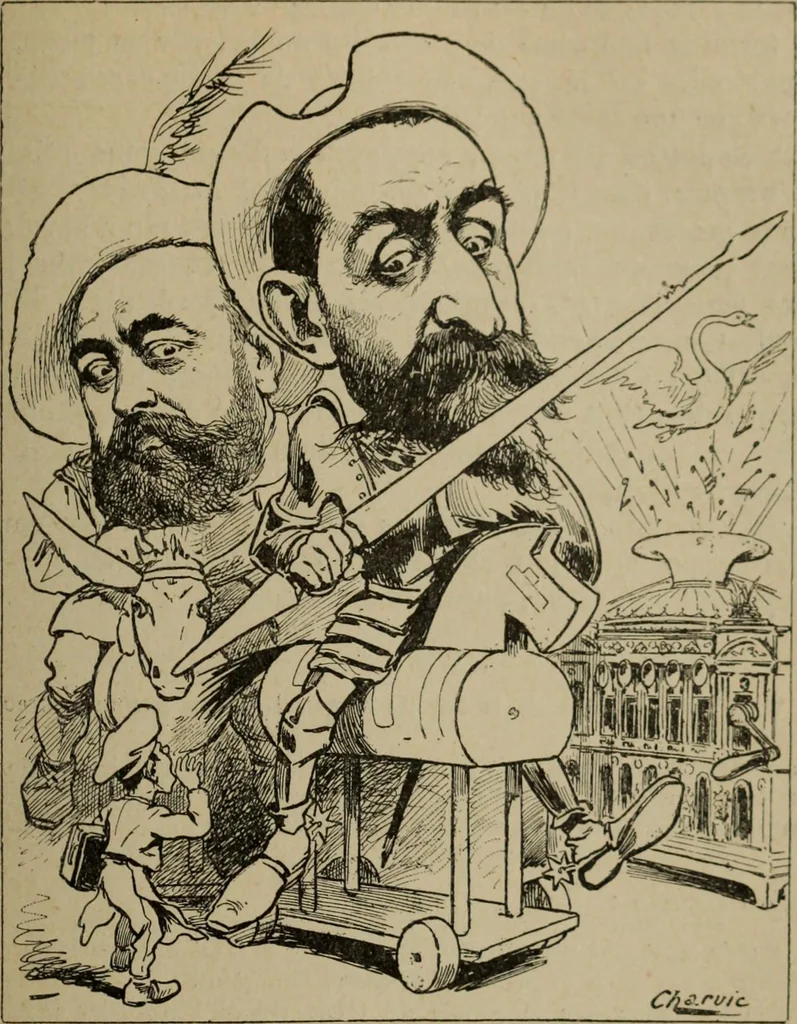 An illustration from Richard Wagner en caricatures : 130 reproductions de caricatures françaises, allemandes, anglaises, italiennes, portraits : autographes (lettre et musique) dessins originaux de J. Blass, Moloch et Tiret-Bognet, 1892, leaf 254