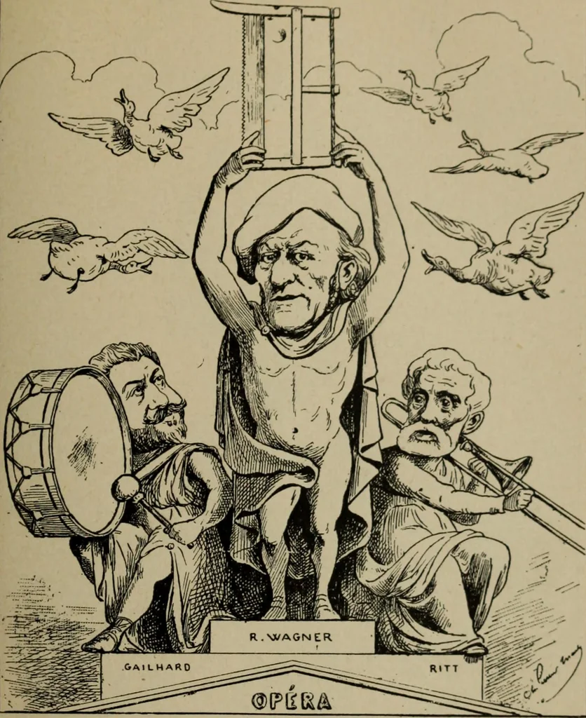 An illustration from Richard Wagner en caricatures : 130 reproductions de caricatures françaises, allemandes, anglaises, italiennes, portraits : autographes (lettre et musique) dessins originaux de J. Blass, Moloch et Tiret-Bognet, 1892, leaf 260
