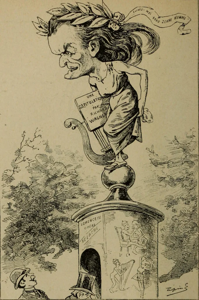 An illustration from Richard Wagner en caricatures : 130 reproductions de caricatures françaises, allemandes, anglaises, italiennes, portraits : autographes (lettre et musique) dessins originaux de J. Blass, Moloch et Tiret-Bognet, 1892, leaf 261