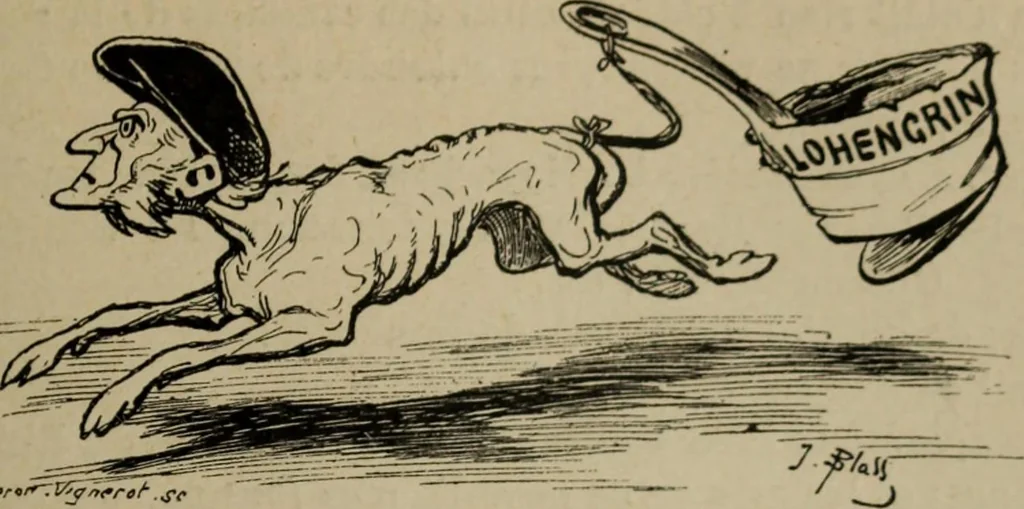 An illustration from Richard Wagner en caricatures : 130 reproductions de caricatures françaises, allemandes, anglaises, italiennes, portraits : autographes (lettre et musique) dessins originaux de J. Blass, Moloch et Tiret-Bognet, 1892, leaf 262