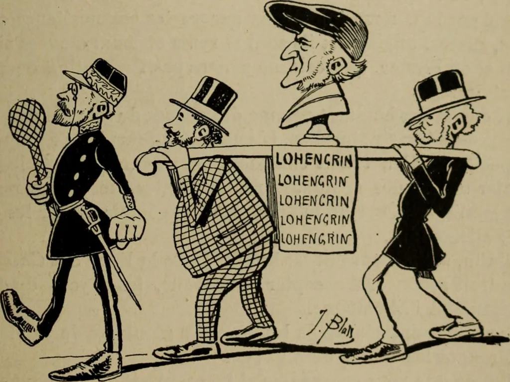 An illustration from Richard Wagner en caricatures : 130 reproductions de caricatures françaises, allemandes, anglaises, italiennes, portraits : autographes (lettre et musique) dessins originaux de J. Blass, Moloch et Tiret-Bognet, 1892, leaf 262