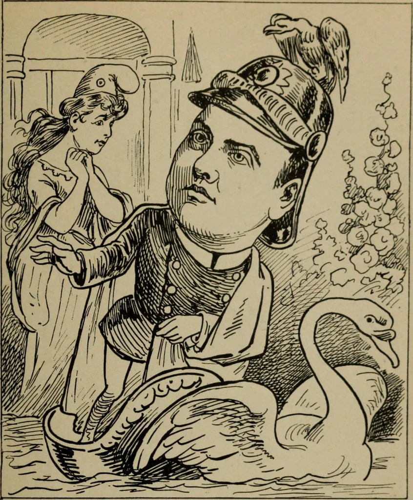 An illustration from Richard Wagner en caricatures : 130 reproductions de caricatures françaises, allemandes, anglaises, italiennes, portraits : autographes (lettre et musique) dessins originaux de J. Blass, Moloch et Tiret-Bognet, 1892, leaf 268