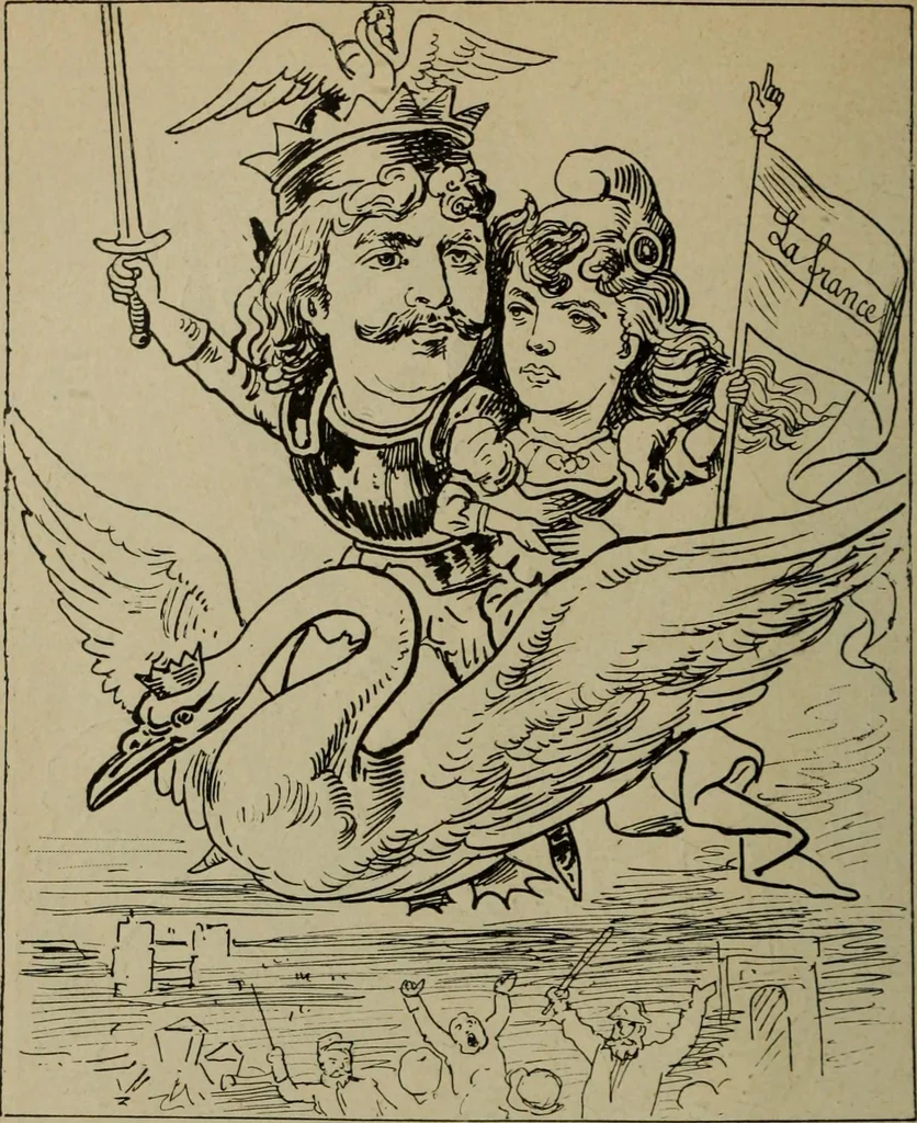 An illustration from Richard Wagner en caricatures : 130 reproductions de caricatures françaises, allemandes, anglaises, italiennes, portraits : autographes (lettre et musique) dessins originaux de J. Blass, Moloch et Tiret-Bognet, 1892, leaf 269