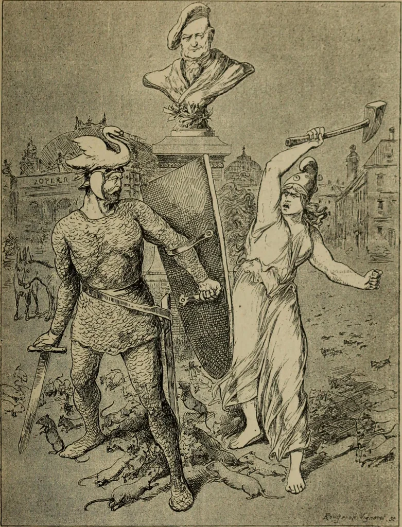 An illustration from Richard Wagner en caricatures : 130 reproductions de caricatures françaises, allemandes, anglaises, italiennes, portraits : autographes (lettre et musique) dessins originaux de J. Blass, Moloch et Tiret-Bognet, 1892, leaf 270