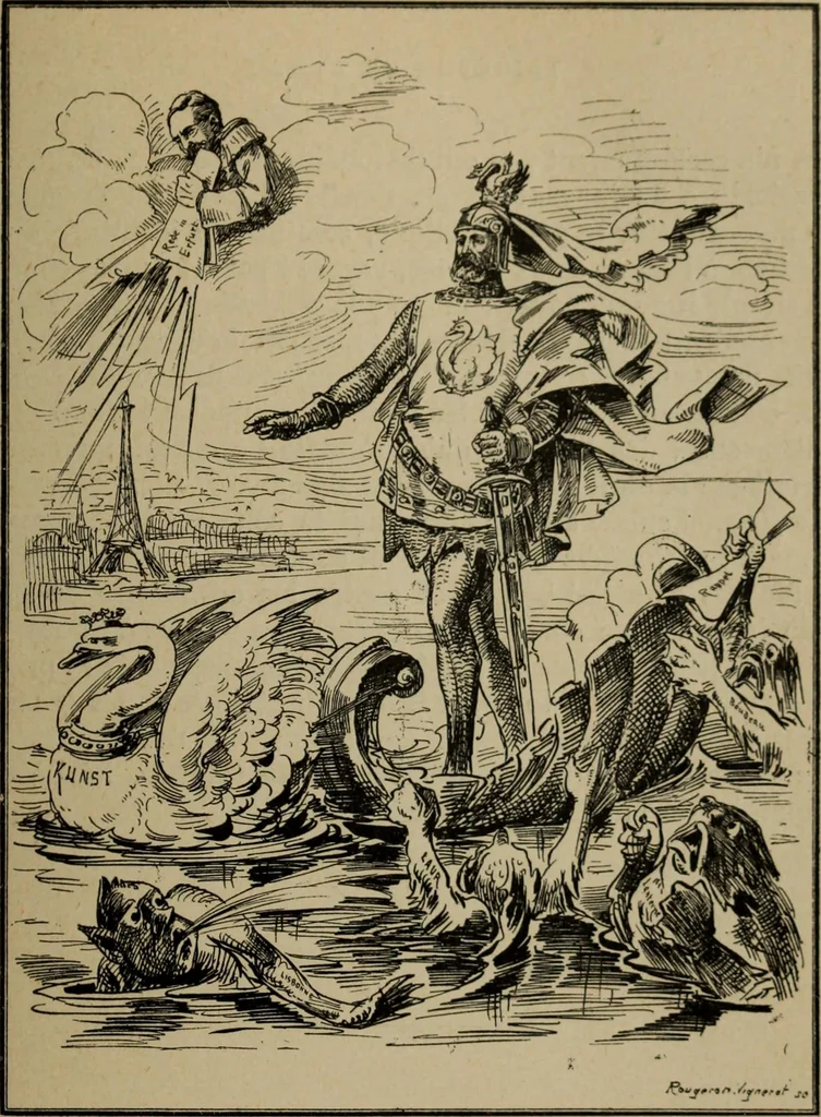 An illustration from Richard Wagner en caricatures : 130 reproductions de caricatures françaises, allemandes, anglaises, italiennes, portraits : autographes (lettre et musique) dessins originaux de J. Blass, Moloch et Tiret-Bognet, 1892, leaf 272