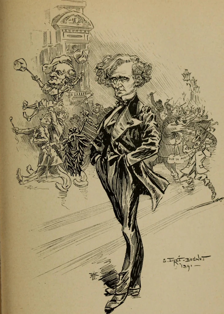 An illustration from Richard Wagner en caricatures : 130 reproductions de caricatures françaises, allemandes, anglaises, italiennes, portraits : autographes (lettre et musique) dessins originaux de J. Blass, Moloch et Tiret-Bognet, 1892, leaf 276
