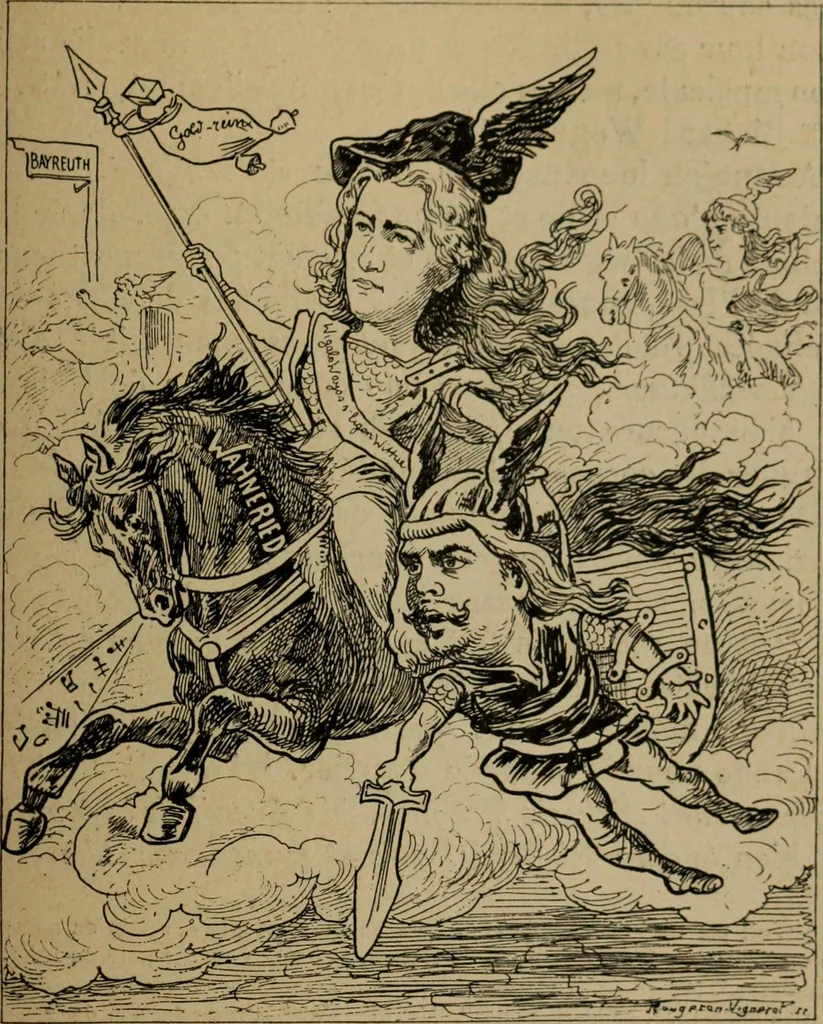 An illustration from Richard Wagner en caricatures : 130 reproductions de caricatures françaises, allemandes, anglaises, italiennes, portraits : autographes (lettre et musique) dessins originaux de J. Blass, Moloch et Tiret-Bognet, 1892, leaf 280