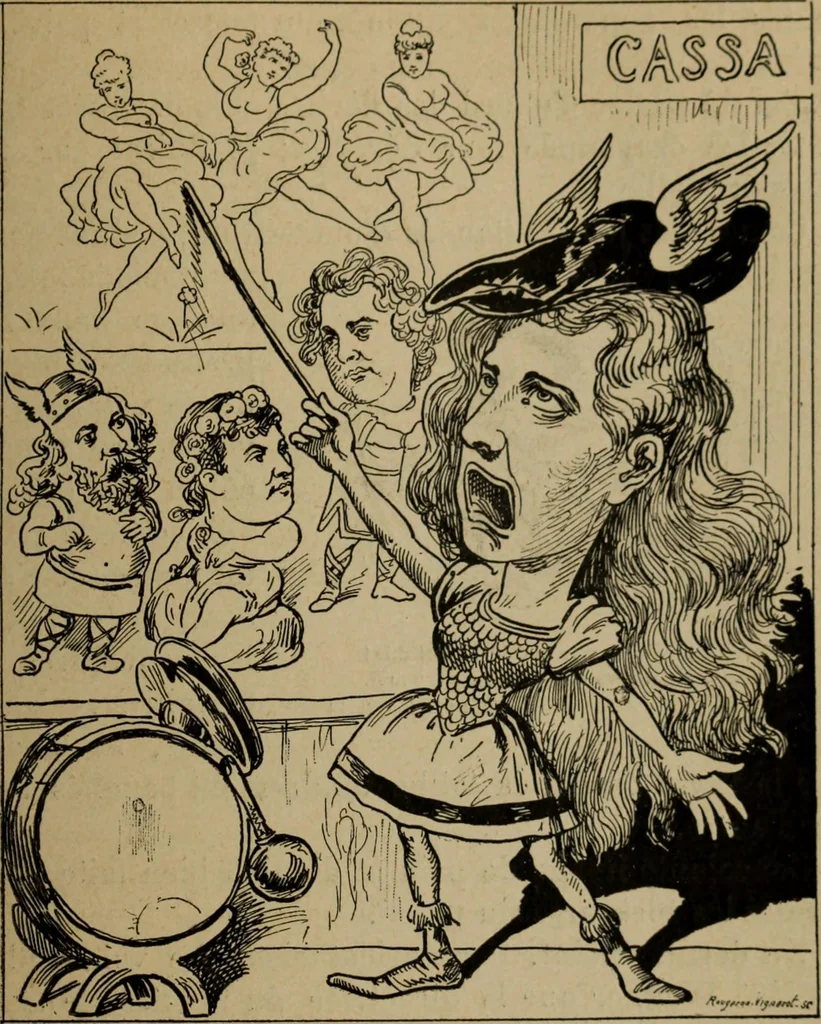 An illustration from Richard Wagner en caricatures : 130 reproductions de caricatures françaises, allemandes, anglaises, italiennes, portraits : autographes (lettre et musique) dessins originaux de J. Blass, Moloch et Tiret-Bognet, 1892, leaf 284