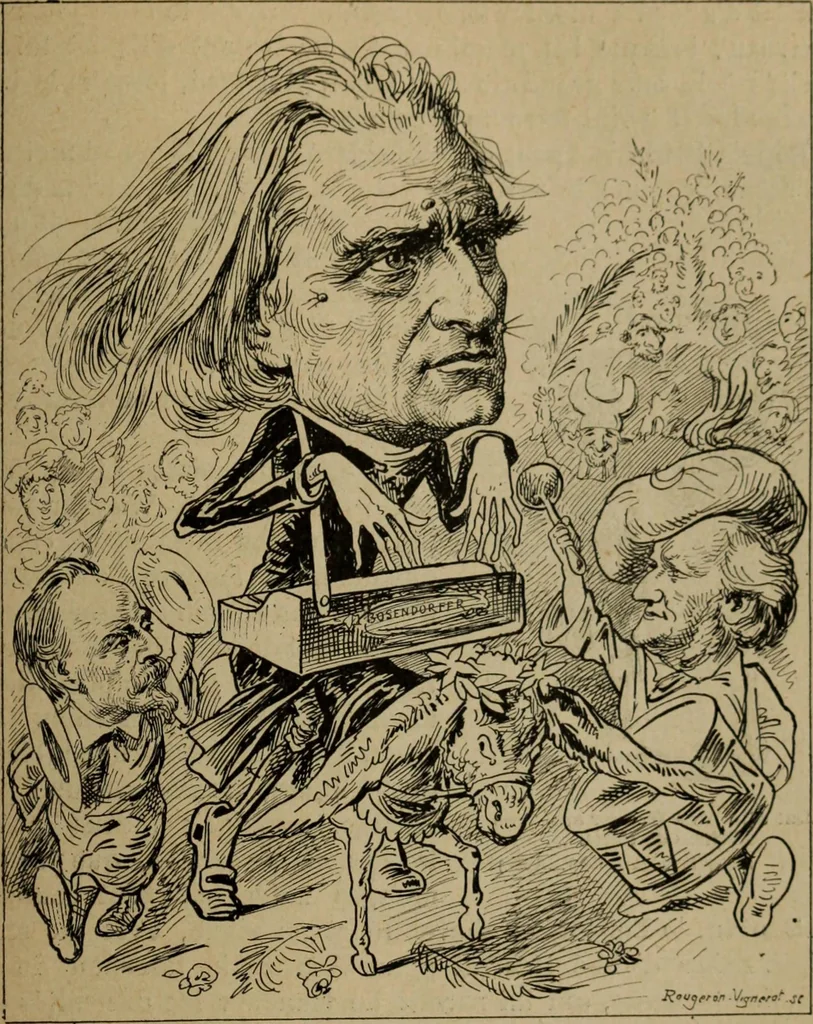 An illustration from Richard Wagner en caricatures : 130 reproductions de caricatures françaises, allemandes, anglaises, italiennes, portraits : autographes (lettre et musique) dessins originaux de J. Blass, Moloch et Tiret-Bognet, 1892, leaf 288