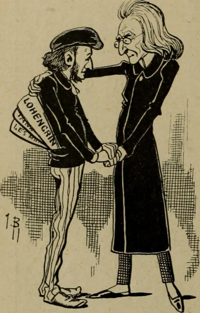 An illustration from Richard Wagner en caricatures : 130 reproductions de caricatures françaises, allemandes, anglaises, italiennes, portraits : autographes (lettre et musique) dessins originaux de J. Blass, Moloch et Tiret-Bognet, 1892, leaf 289