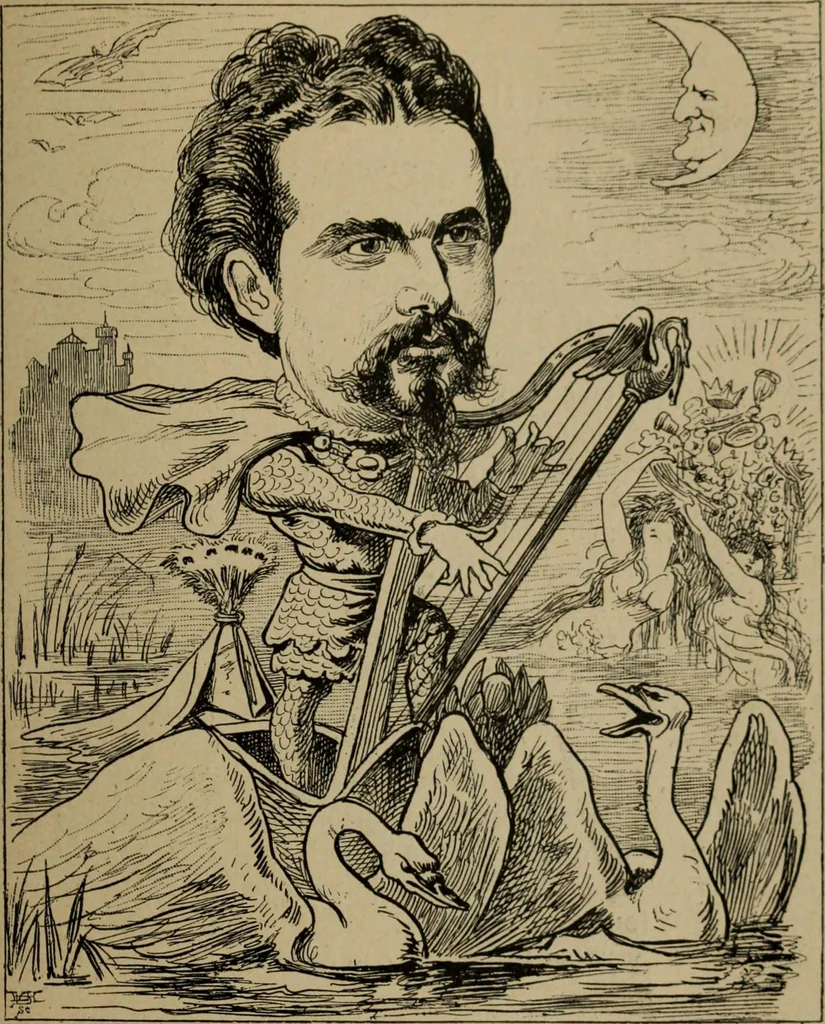 An illustration from Richard Wagner en caricatures : 130 reproductions de caricatures françaises, allemandes, anglaises, italiennes, portraits : autographes (lettre et musique) dessins originaux de J. Blass, Moloch et Tiret-Bognet, 1892, leaf 290