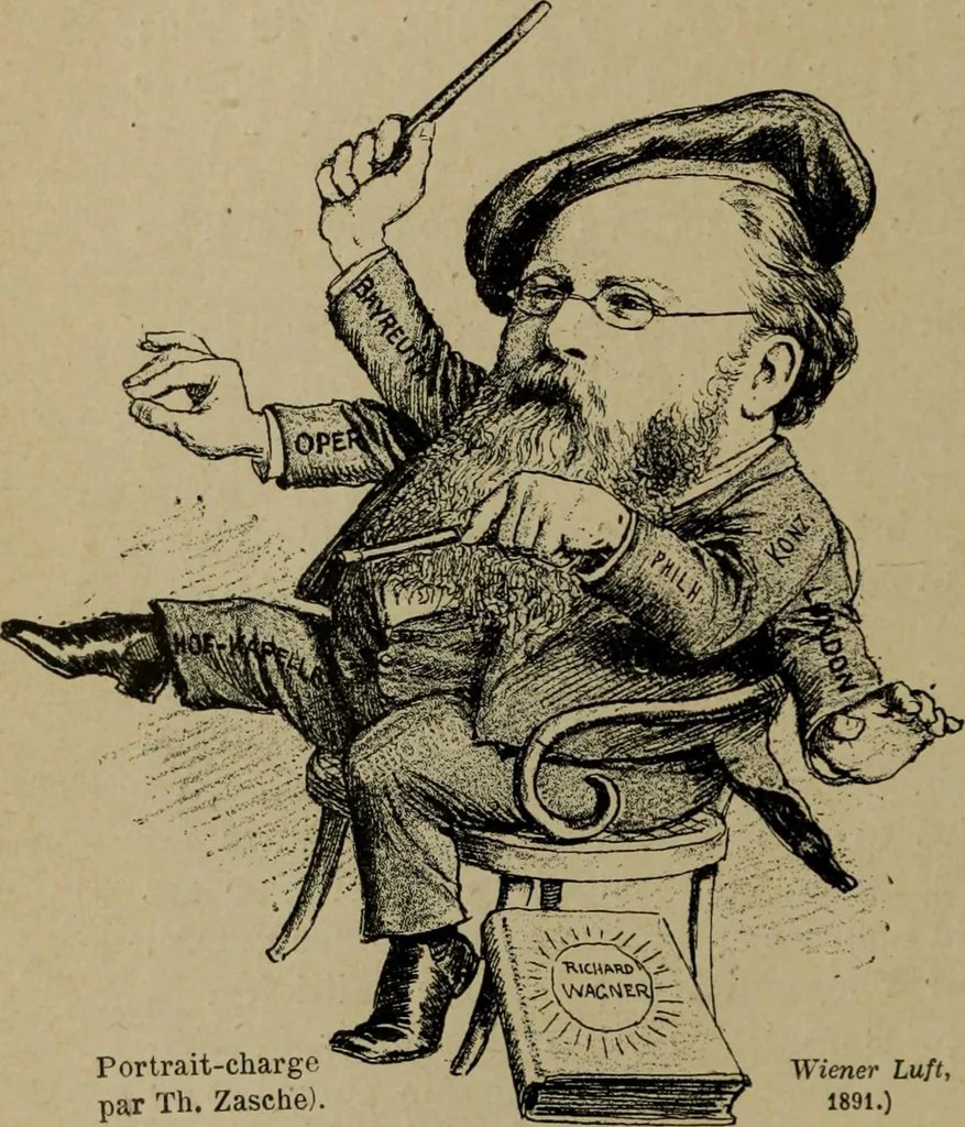 An illustration from Richard Wagner en caricatures : 130 reproductions de caricatures françaises, allemandes, anglaises, italiennes, portraits : autographes (lettre et musique) dessins originaux de J. Blass, Moloch et Tiret-Bognet, 1892, leaf 293
