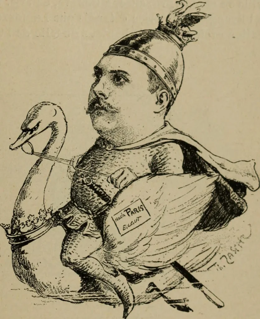 An illustration from Richard Wagner en caricatures : 130 reproductions de caricatures françaises, allemandes, anglaises, italiennes, portraits : autographes (lettre et musique) dessins originaux de J. Blass, Moloch et Tiret-Bognet, 1892, leaf 294