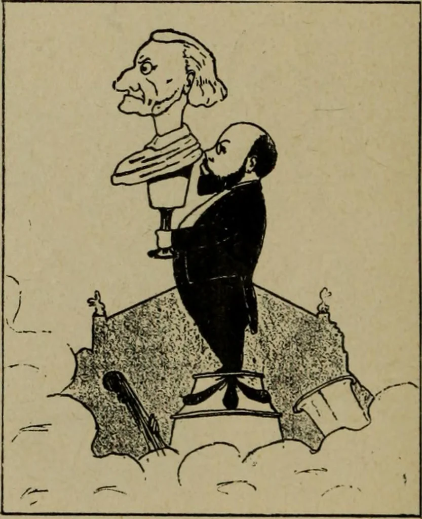 An illustration from Richard Wagner en caricatures : 130 reproductions de caricatures françaises, allemandes, anglaises, italiennes, portraits : autographes (lettre et musique) dessins originaux de J. Blass, Moloch et Tiret-Bognet, 1892, leaf 295
