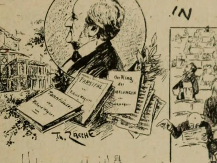 An illustration from Richard Wagner en caricatures : 130 reproductions de caricatures françaises, allemandes, anglaises, italiennes, portraits : autographes (lettre et musique) dessins originaux de J. Blass, Moloch et Tiret-Bognet, 1892, leaf 302