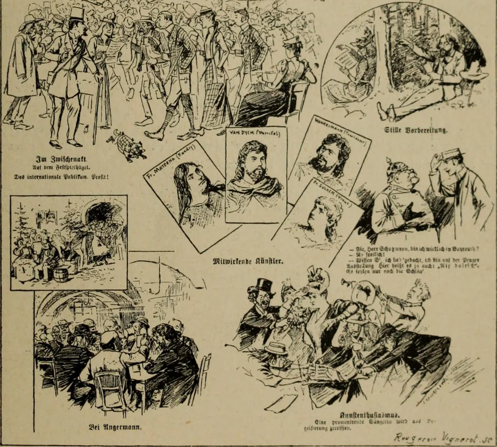 An illustration from Richard Wagner en caricatures : 130 reproductions de caricatures françaises, allemandes, anglaises, italiennes, portraits : autographes (lettre et musique) dessins originaux de J. Blass, Moloch et Tiret-Bognet, 1892, leaf 302