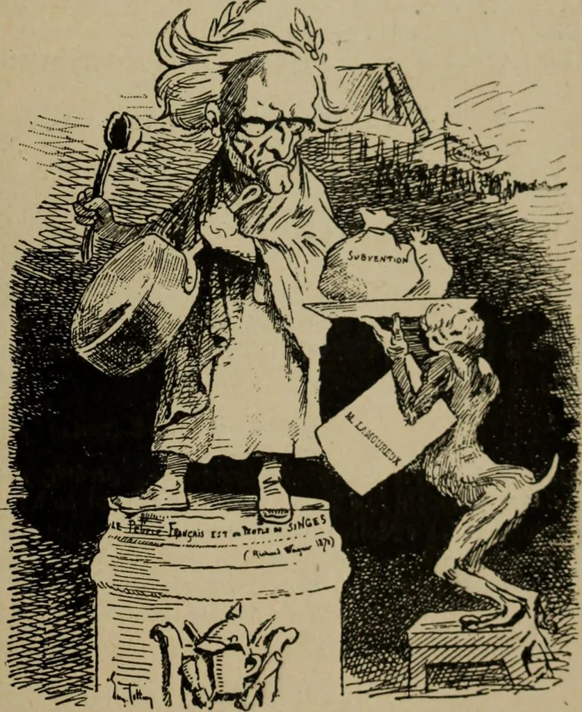 An illustration from Richard Wagner en caricatures : 130 reproductions de caricatures françaises, allemandes, anglaises, italiennes, portraits : autographes (lettre et musique) dessins originaux de J. Blass, Moloch et Tiret-Bognet, 1892, leaf 308