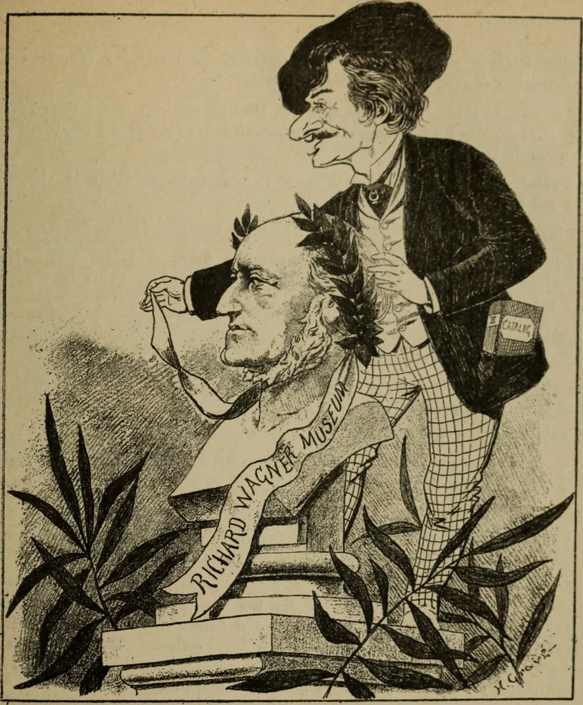 An illustration from Richard Wagner en caricatures : 130 reproductions de caricatures françaises, allemandes, anglaises, italiennes, portraits : autographes (lettre et musique) dessins originaux de J. Blass, Moloch et Tiret-Bognet, 1892, leaf 316