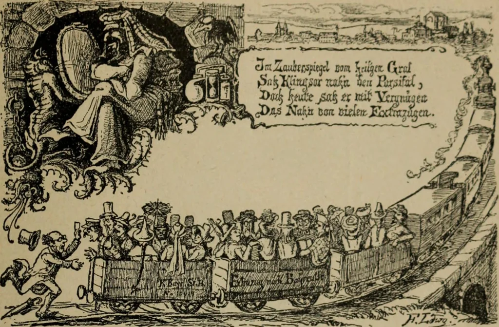 An illustration from Richard Wagner en caricatures : 130 reproductions de caricatures françaises, allemandes, anglaises, italiennes, portraits : autographes (lettre et musique) dessins originaux de J. Blass, Moloch et Tiret-Bognet, 1892, leaf 326