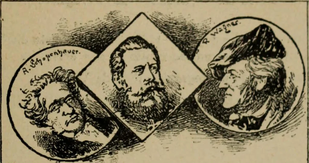 An illustration from Richard Wagner en caricatures : 130 reproductions de caricatures françaises, allemandes, anglaises, italiennes, portraits : autographes (lettre et musique) dessins originaux de J. Blass, Moloch et Tiret-Bognet, 1892, leaf 328