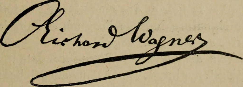 An illustration from Richard Wagner en caricatures : 130 reproductions de caricatures françaises, allemandes, anglaises, italiennes, portraits : autographes (lettre et musique) dessins originaux de J. Blass, Moloch et Tiret-Bognet, 1892, leaf 44